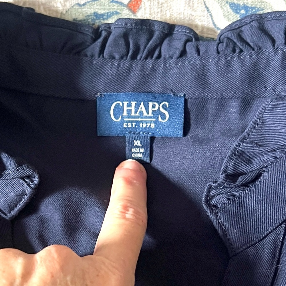 Chaps est 1978, Navy Button-Front,Ruffle-Cuff,Shirt-Dress,Tie-Waist ,EUC,Size XL - Picture 3 of 14